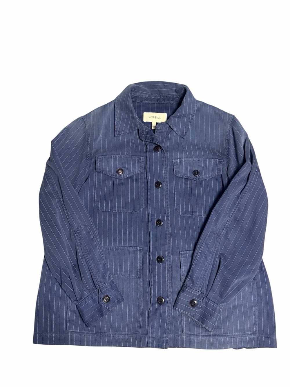 THE GREAT. Navy Pinstripe Lightweight Work Jacket
